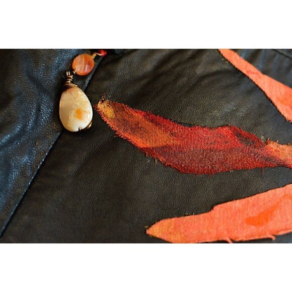 Vintage hand painted leather coat; fire, phoenix, red, gift for her sz L - Picture 4 of 12